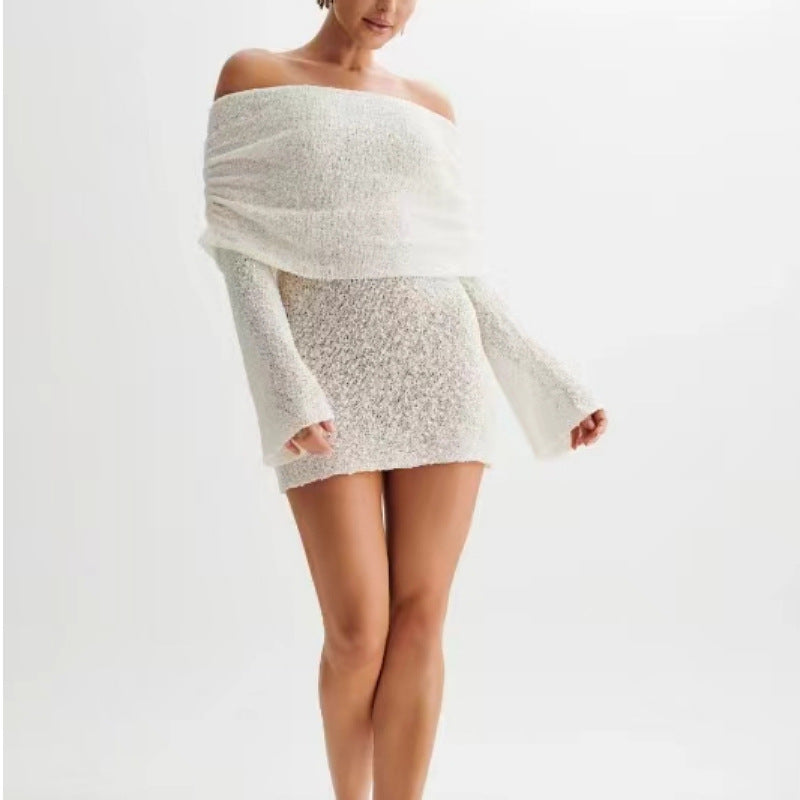 Women’s Knit Dress – Off-Shoulder – Slim Fit – Long Sleeve – Soft Textured Fabric