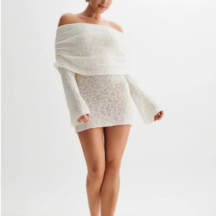 Women’s Knit Dress – Off-Shoulder – Slim Fit – Long Sleeve – Soft Textured Fabric