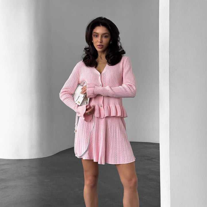 Women’s Knit Set – Ribbed V-Neck Long Sleeve Top – Flared Mini Skirt – Soft Stretch Fit
