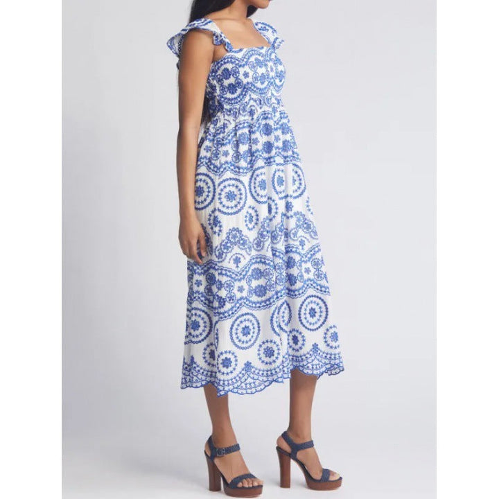 Women’s Midi Dress – Cotton A-Line – Square Neck – Ruffle Sleeve – Boho Pattern