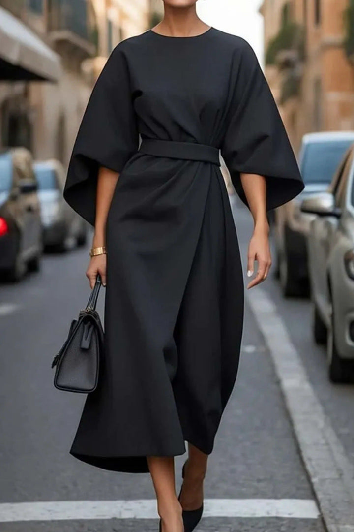 Women’s Long Dress - Draped Fit - Belted Waist - ¾ Sleeve - Elegant Eveningwear