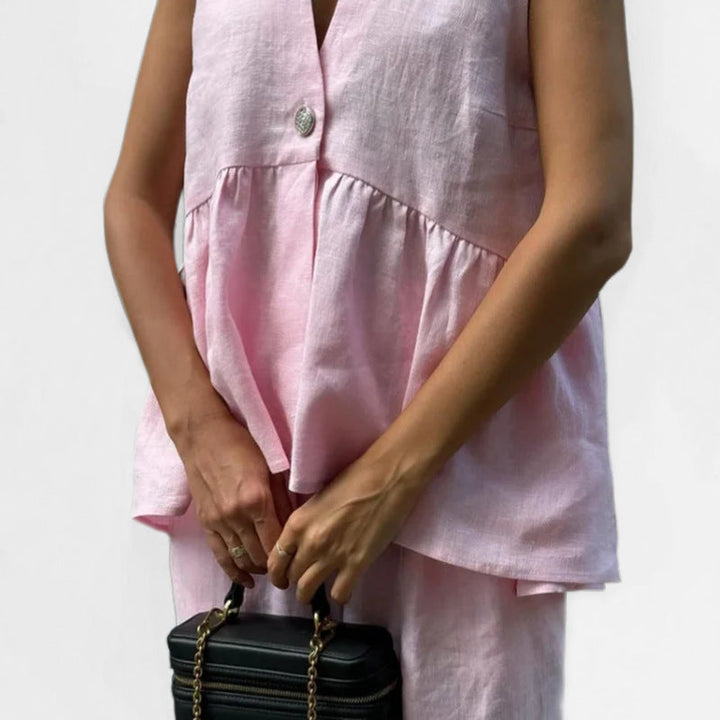 Women's Two-Piece Set - Peplum Sleeveless V-Neck Top - Button Closure - High-Waist Wide-Leg Pants