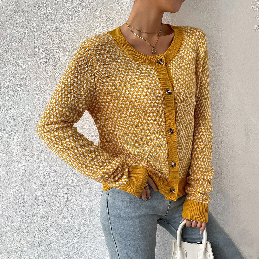Women’s Cardigan - Wool Blend Knit - Button Front - Geometric Pattern - Ribbed Trim