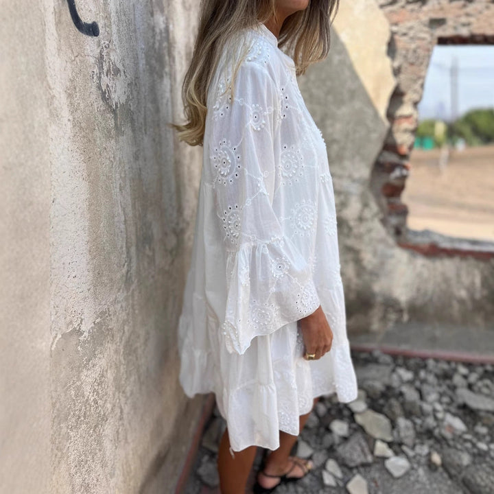 Women’s Dress – Eyelet Embroidered – V-Neck – Long Sleeve – Tiered Relaxed Fit