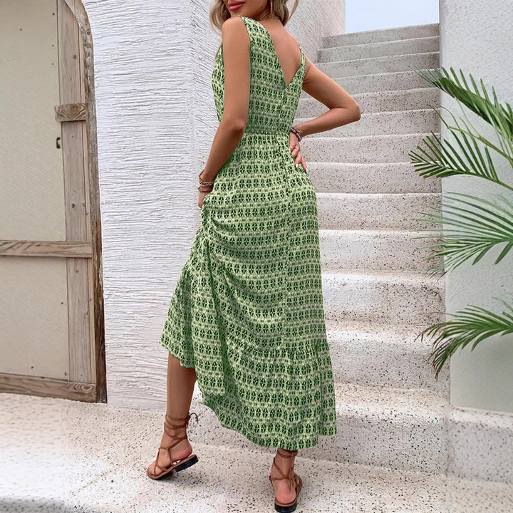 Women's Maxi Dress - V-Neck - Sleeveless - Adjustable Waist - Tiered Flowy Skirt