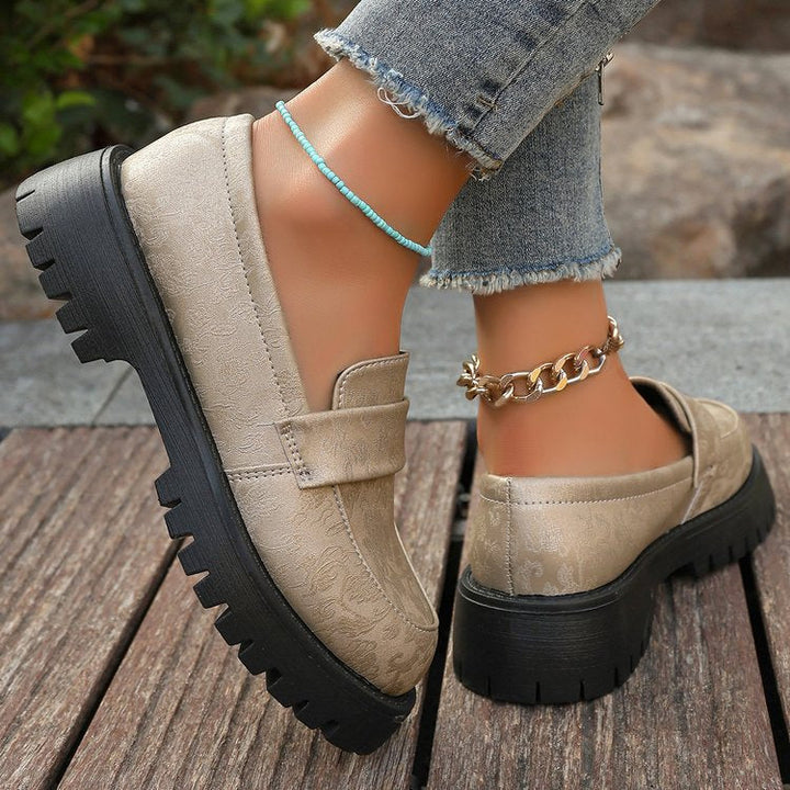 Women’s Loafers – Embossed Pattern – Round Toe – Chunky Platform – Slip-On Casual Fit
