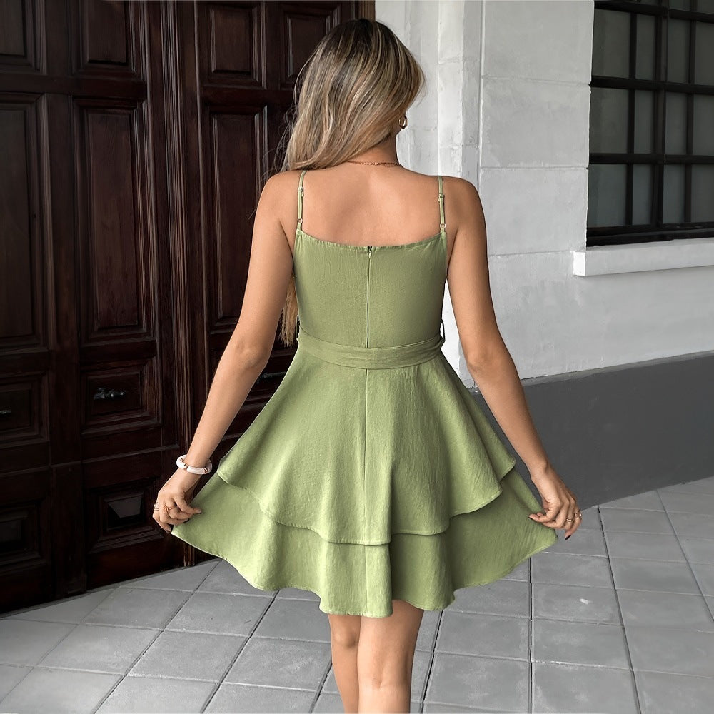Women’s Sleeveless Dress – V-Neck – Spaghetti Straps – Tiered Skirt – Waist Tie Fit