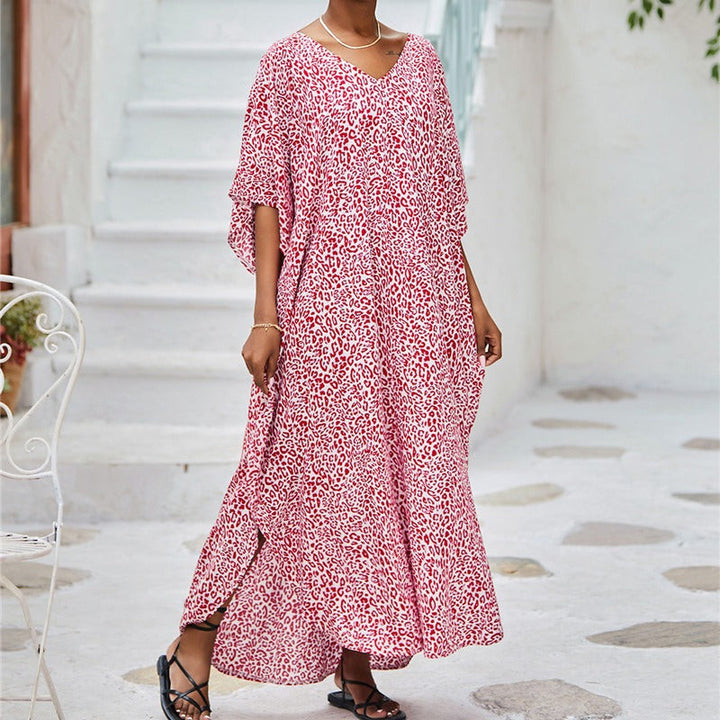 Women’s Kaftan Dress – Relaxed Fit – Full Length – V-Neck – Breathable Fabric – Animal Print