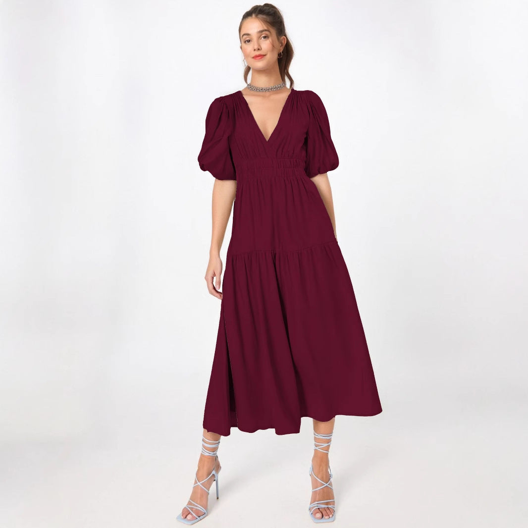 Women’s Midi Dress – A-Line Silhouette – Deep V-Neck – Puff Sleeves – Tiered Skirt