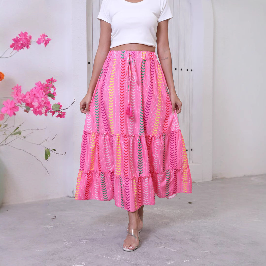 Women’s Maxi Skirt – Flowy Fit – Tiered Design – Adjustable Drawstring – Natural Fibers
