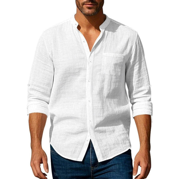 Men’s Long Sleeve Shirt - Relaxed Fit - Linen - Band Collar - Button Tab Sleeves