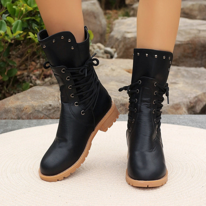 Women’s Mid-Calf Boots – Lace-Up – Chunky Heel – Studded Detail – Treaded Sole