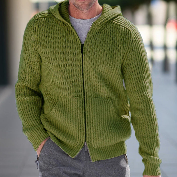 Men’s Knit Cardigan - Relaxed Fit - Hooded - Ribbed Texture - Long Sleeve Casual Layer