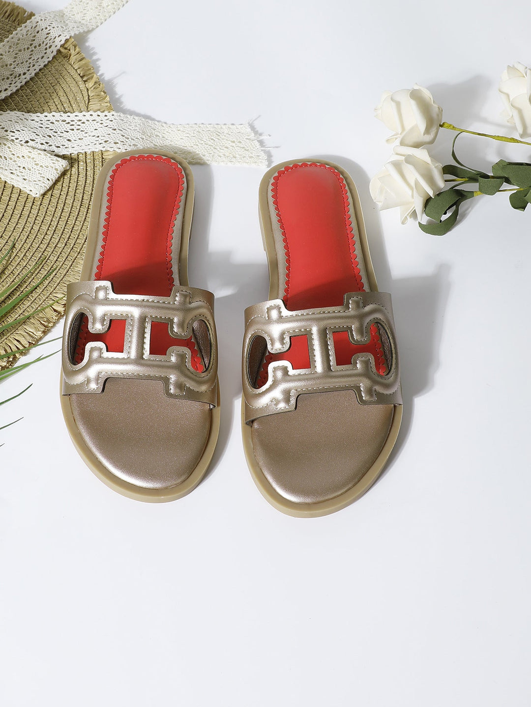 Women’s Flat Sandals - Cut-Out Strap - Open Toe - Slip-On Casual Footwear