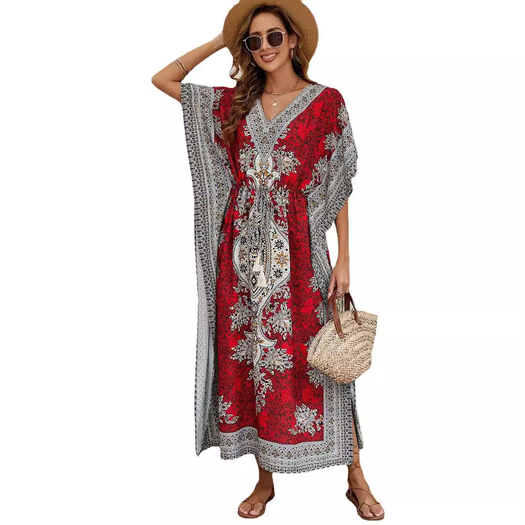 Women’s Maxi Dress – Flowing Fit – V-Neck – Short Wide Sleeves – Ornate Pattern – Breathable Fabric