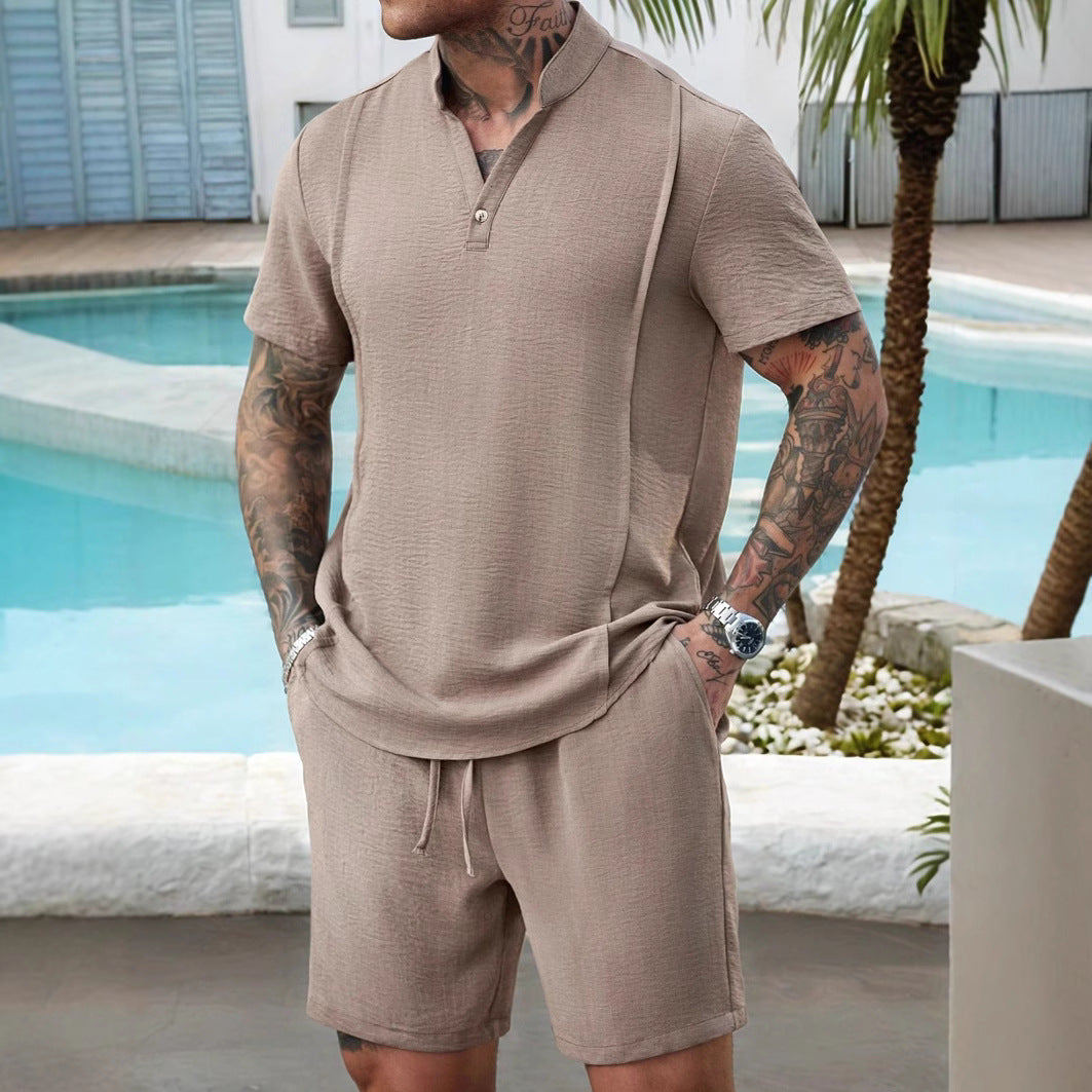 Men's Henley Shirt and Shorts Set - 100% Cotton - Relaxed Fit - Casual Lounge Wear