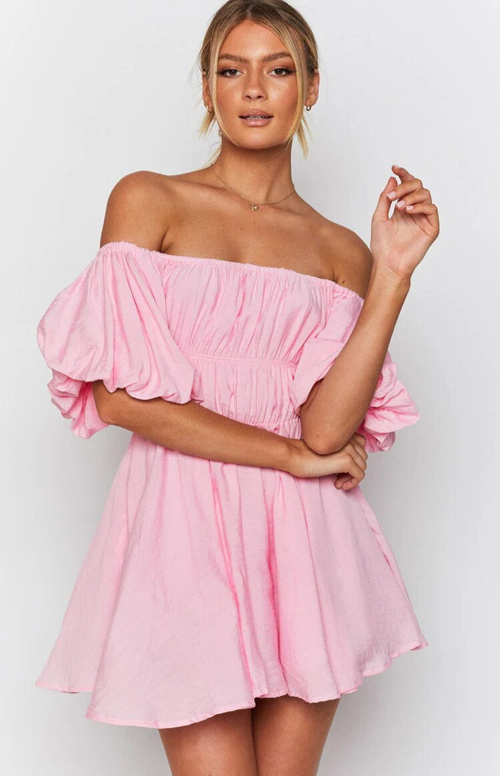 Women’s Off-Shoulder Dress – Puff Sleeve – Elastic Waist – Flared A-Line Mini Fit