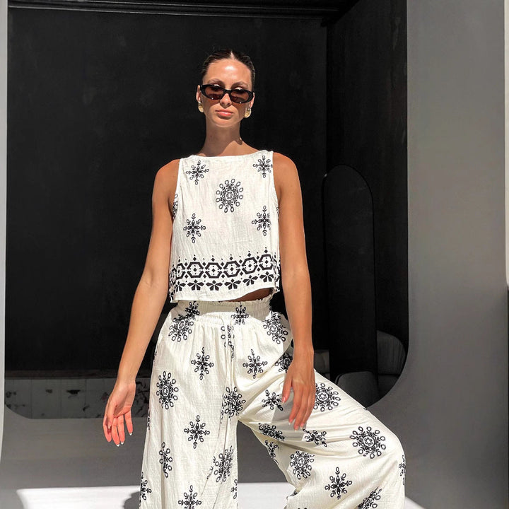 Women’s Two-Piece Set – Embroidered Crop Top & High-Waist Wide-Leg Pants – Lightweight Fabric