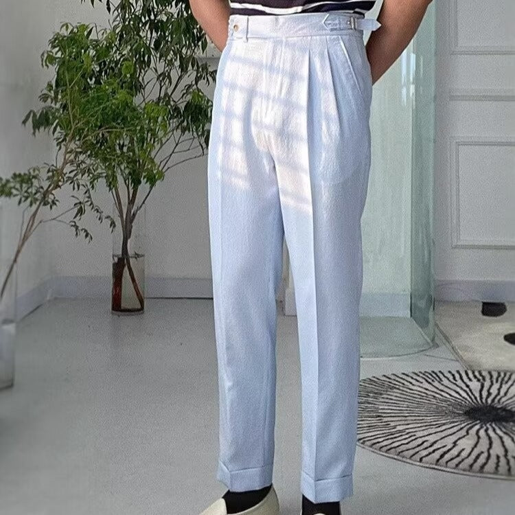 Men’s Straight-Leg Trousers - High Waist - Pleated Front - Breathable Textured Fabric