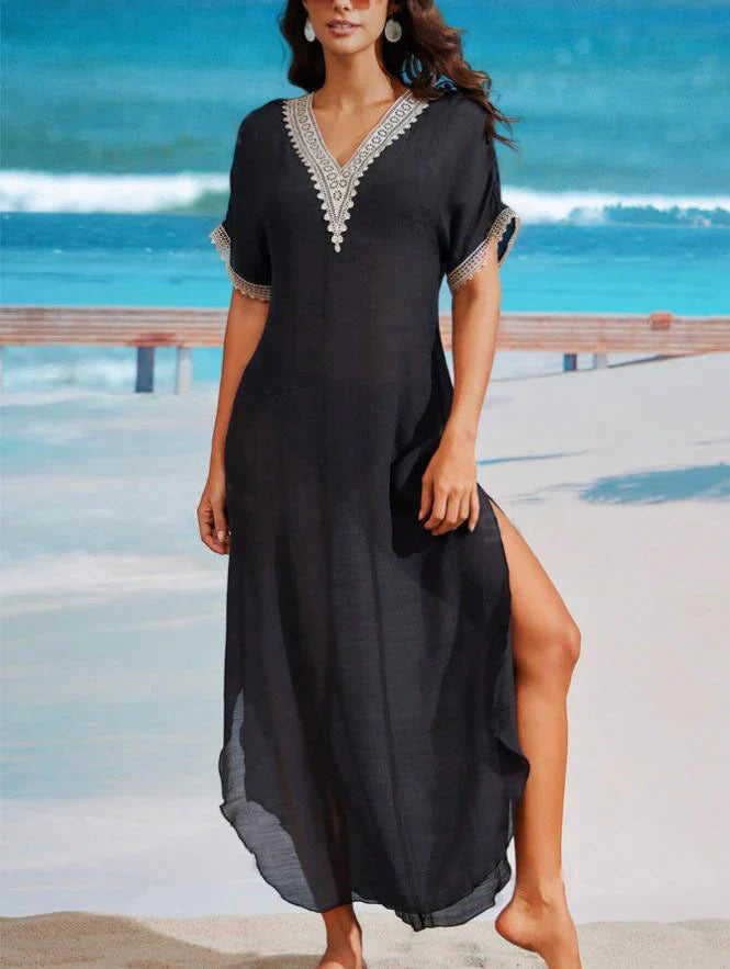 Women’s Long Beach Dress – Flowing Fit – V-Neck – Decorative Stitching – Side Slit