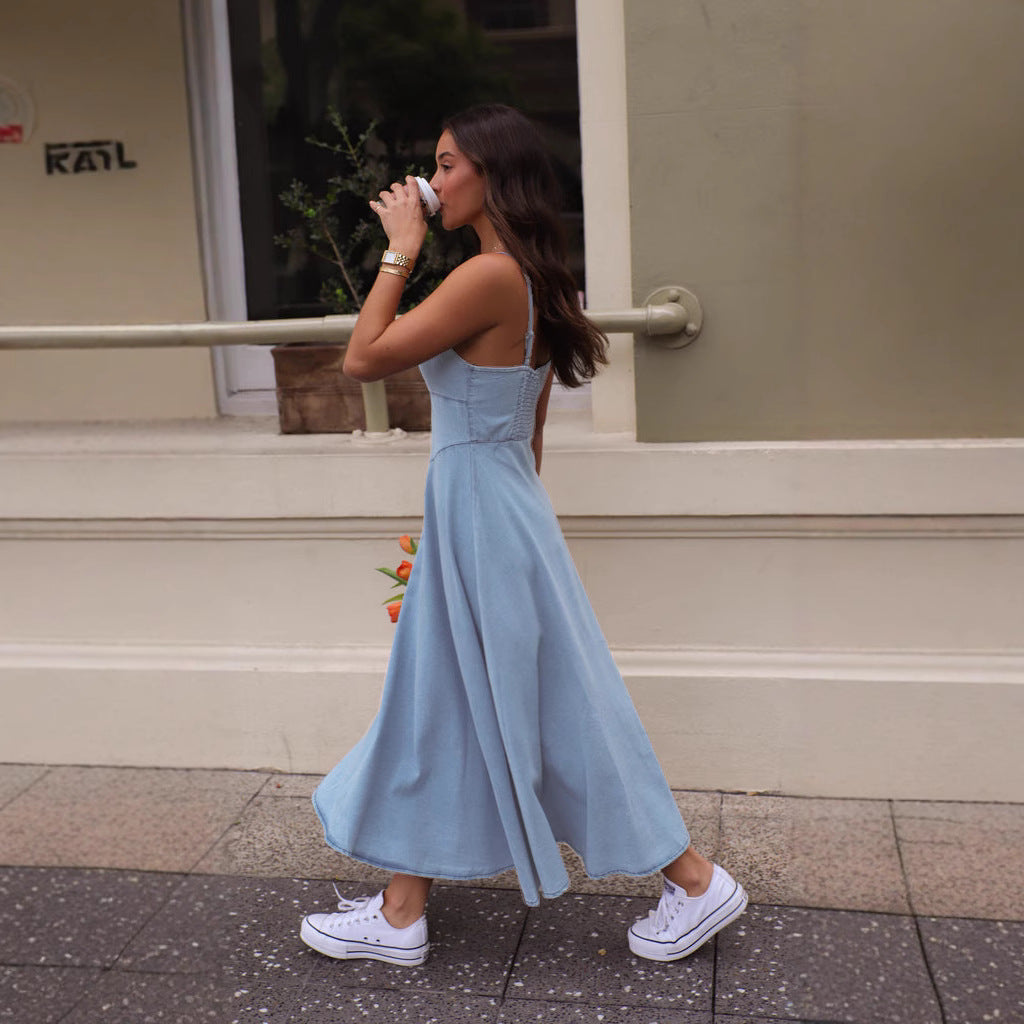 Women’s Midi Dress – Cotton Denim – Sweetheart Neckline – Spaghetti Straps – Fitted Bodice