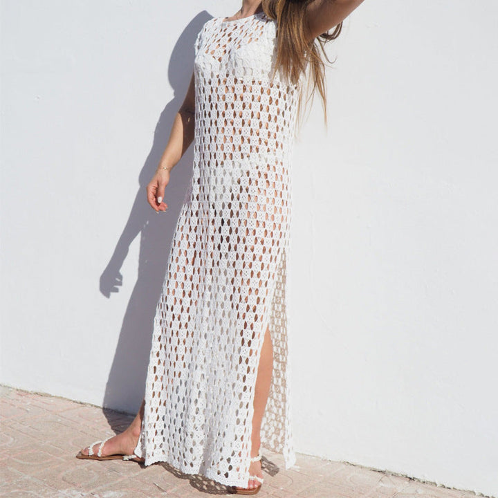 Women’s Maxi Dress Cover-Up – Crochet Knit – Sheer Relaxed Fit – Short Sleeve – Side Slit
