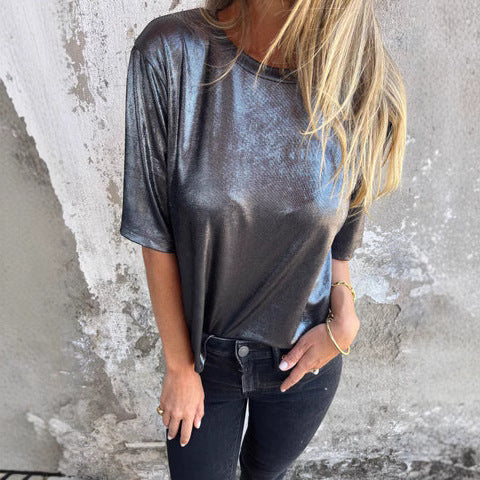 Women’s Blouse – Relaxed Fit – Shimmer Finish – Lightweight Draped Fabric – Short Sleeve