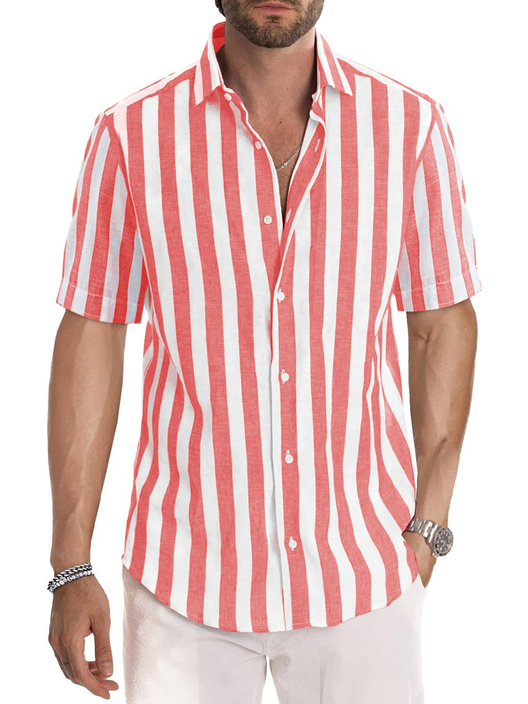 Men’s Button-Up Shirt - Cotton - Relaxed Fit - Short Sleeve Striped Casual Style