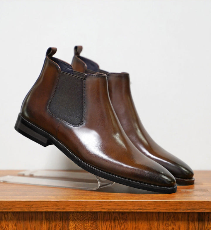 Men's Chelsea Boots - Leather Upper - Slip-On Elastic Panel - Ankle Height Classic Fit