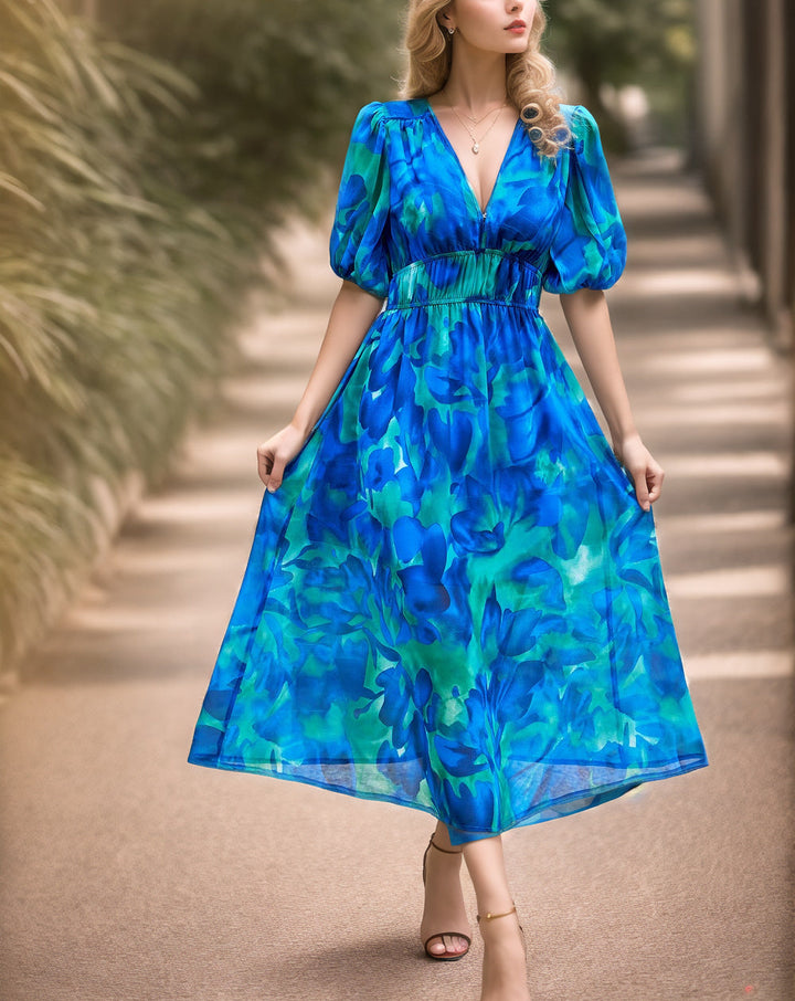 Women’s Midi Dress – Fitted Waist – V-Neck – Puff Sleeves – Breathable Blend – A-Line Fit