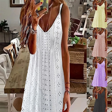 Women’s Slip Dress – Embroidered Detailing – V-Neck – Breathable – Midi Length