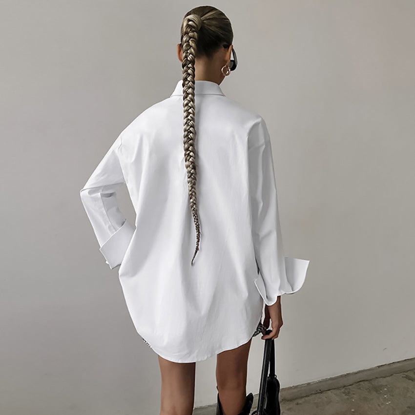 Women’s Button-Up Shirt - Cotton Blend - Oversized Fit - Long Sleeve Casual Layer