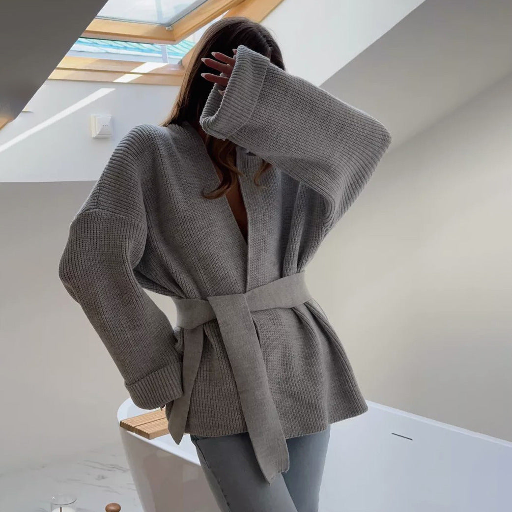 Women’s Knitted Cardigan - Oversized Fit - Ribbed Texture - V-Neck - Tie Waist - Long Sleeve