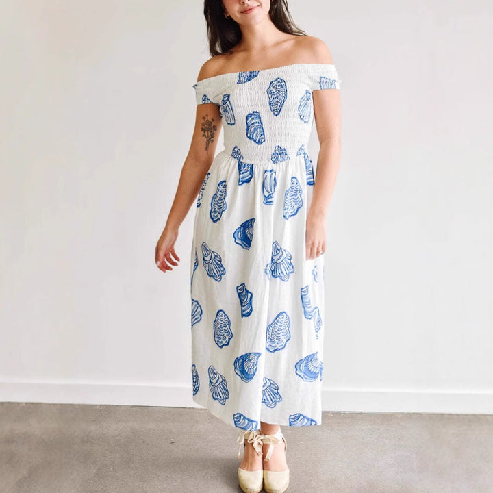 Women’s Off-Shoulder Midi Dress – Smocked Bodice – Lightweight – Flowing Fit – Shell Print