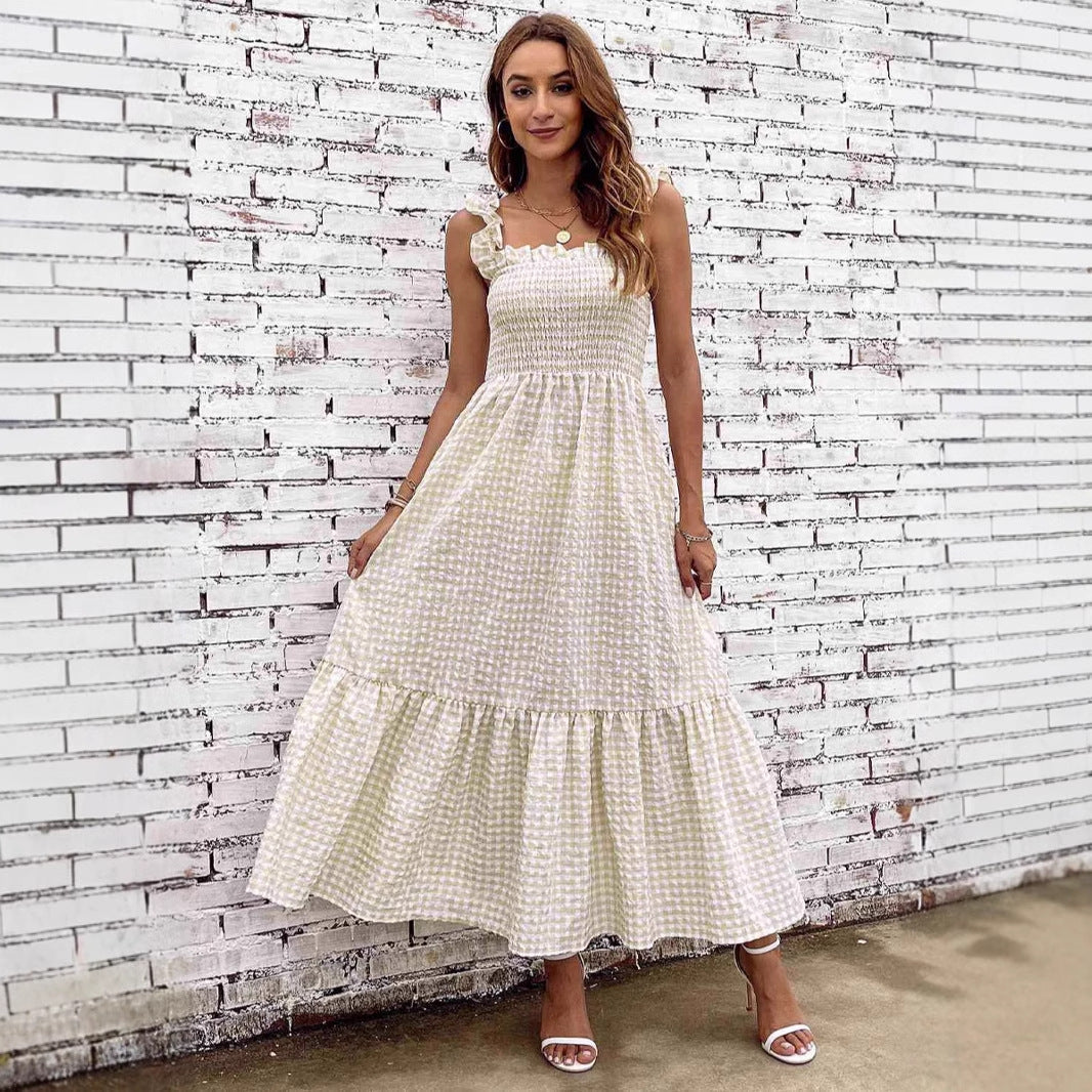 Women’s Midi Dress – Gingham Pattern – Smocked Bodice – Ruffled Straps – Flowy Skirt