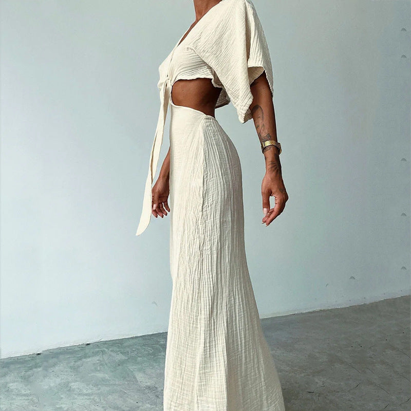 Women’s Maxi Dress - Slim Fit - V-Neck - Waist Cut-Out - Backless - Breathable Blend