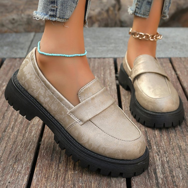 Women’s Loafers – Embossed Pattern – Round Toe – Chunky Platform – Slip-On Casual Fit