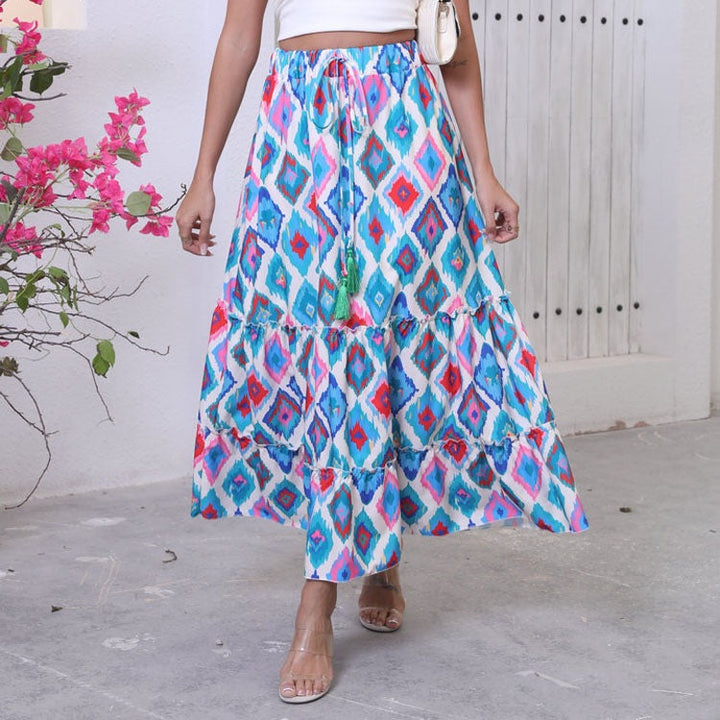 Women’s Maxi Skirt – Flowy Fit – Tiered Design – Adjustable Drawstring – Natural Fibers