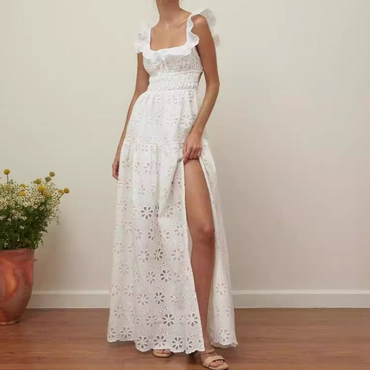 Women’s Maxi Dress - Eyelet Fabric - Ruffled Straps - Square Neck - High Slit Skirt