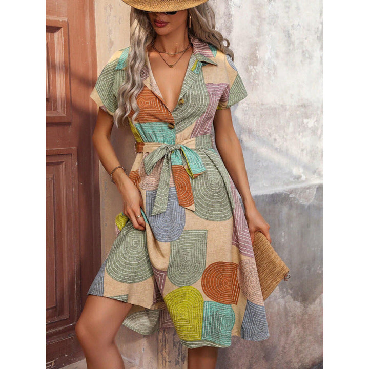 Women’s Shirt Dress – Cotton – Relaxed Fit – Belted Waist – Knee Length – Patterned