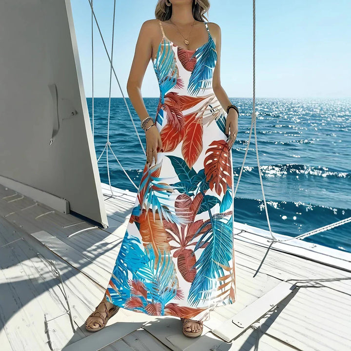 Women’s Maxi Dress – Flowing Fit – Sleeveless – Spaghetti Straps – Tropical Leaf Print