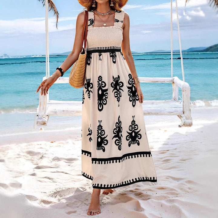 Women's Maxi Dress - Embroidered A-Line - Square Neck - Ruffled Straps - Elegant Fit