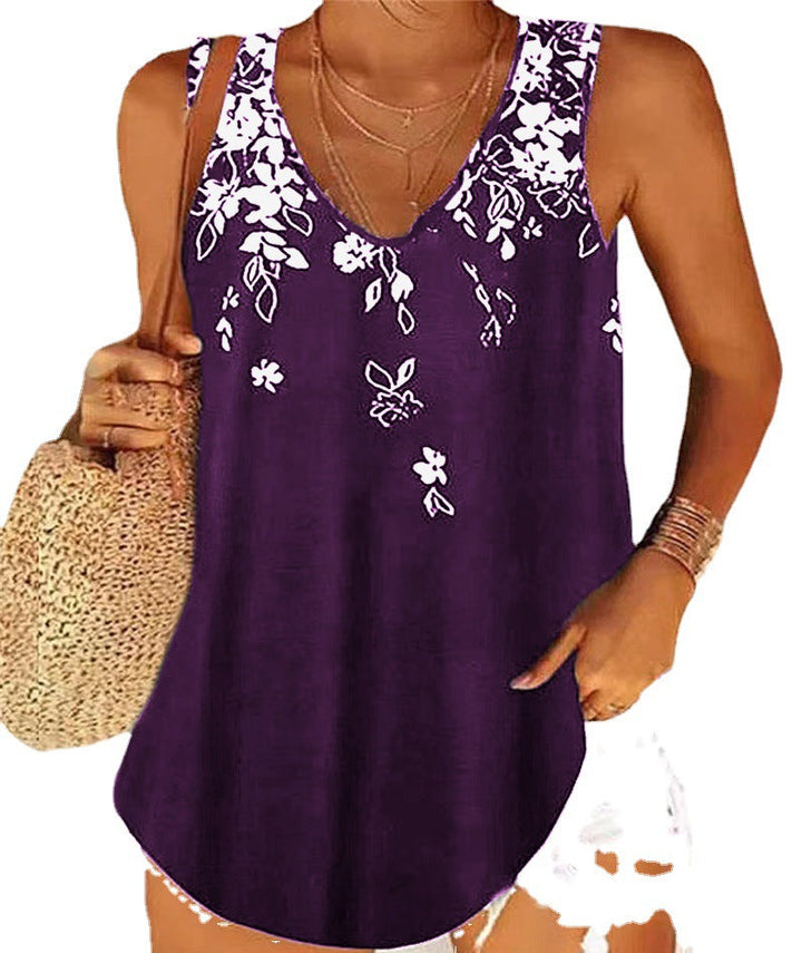 Women’s Tank Top – V-Neck – Relaxed Fit – Sleeveless – Soft Breathable Fabric – Floral Print