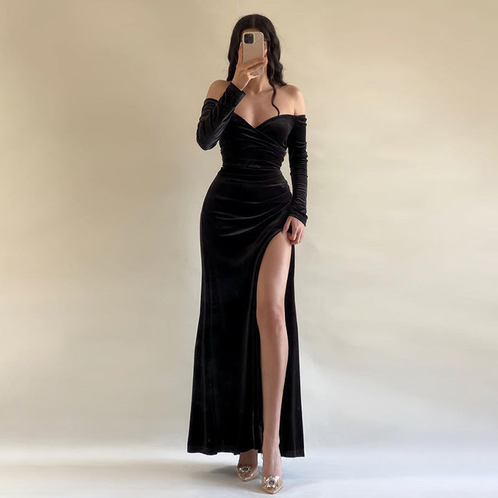 Women’s Evening Gown - Velvet - Off Shoulder - Long Sleeve - High Slit Elegant Fit