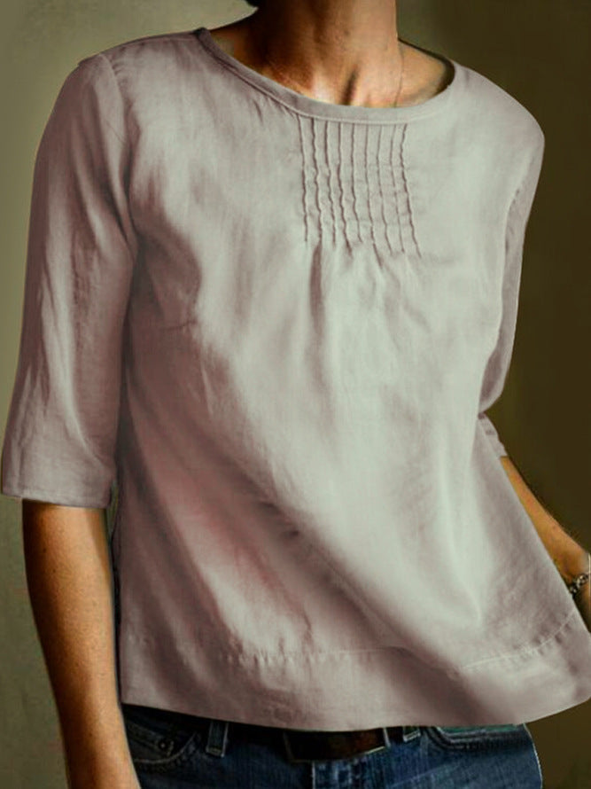 Women’s Blouse – Lightweight Cotton Blend – Relaxed Fit – Pintuck Front – 3/4 Sleeve