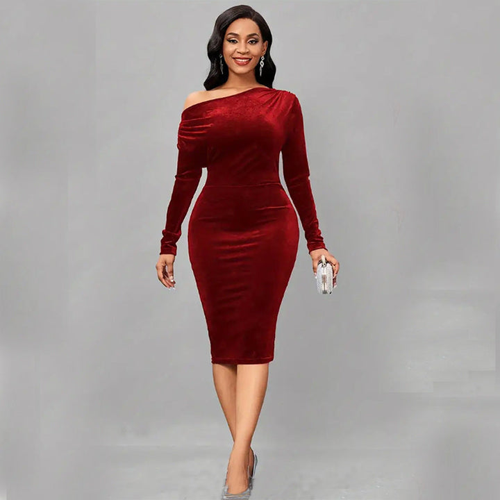 Women’s Wrap Dress – Velour Finish – Fitted Pencil Silhouette – Asymmetrical Neckline – Long Sleeve