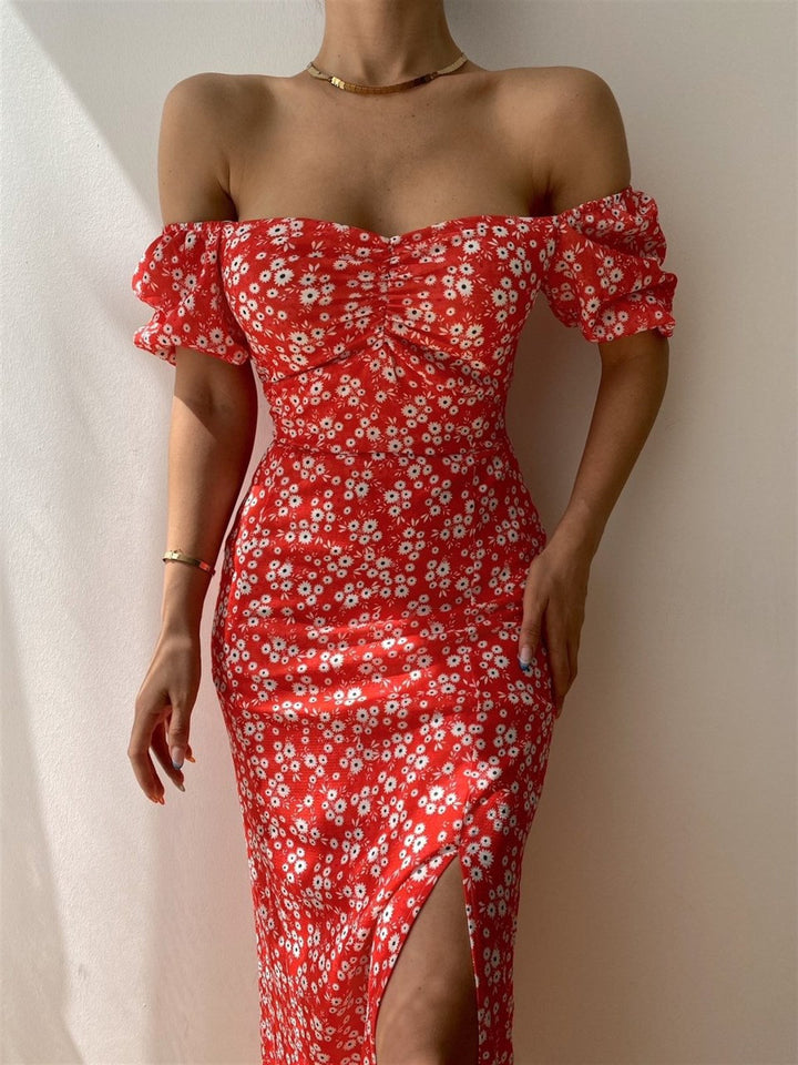 Women’s Off-Shoulder Dress – Sweetheart Neckline – Puff Sleeves – Slim Fit with Slit
