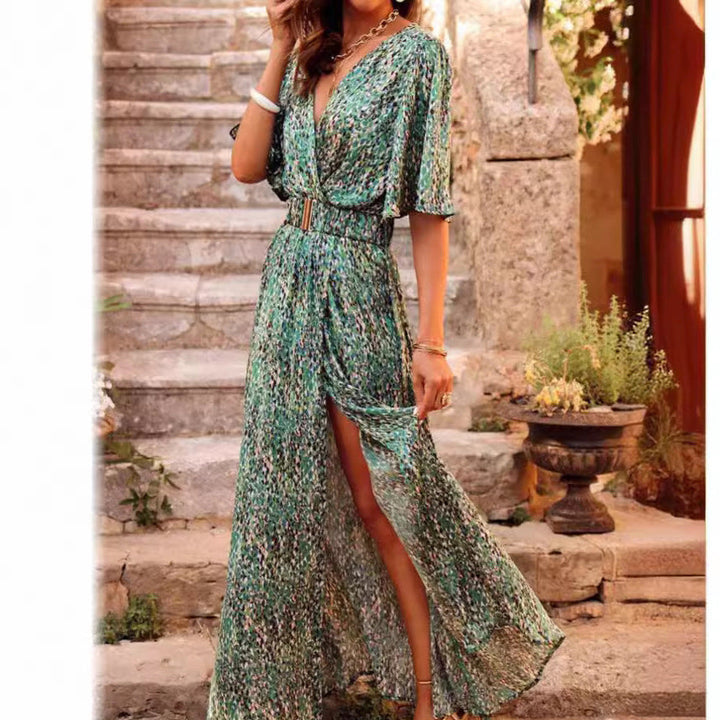 Women’s Maxi Dress – V-Neck Wrap Style – Short Sleeve – Belted Waist – High Slit Hem