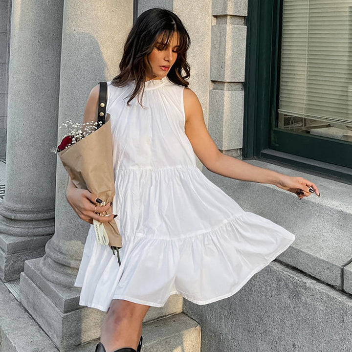 Women’s A-Line Dress - Sleeveless Tiered Design - Ruffled High Neck - Lightweight Fit