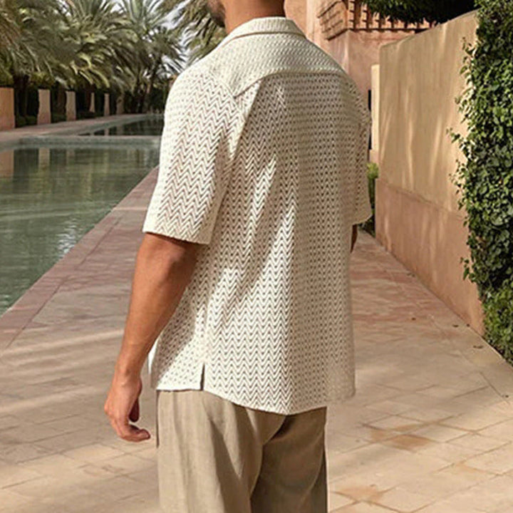 Men’s Knitted Cardigan - Slim Fit - Openwork Pattern - Button Front - Short Sleeve